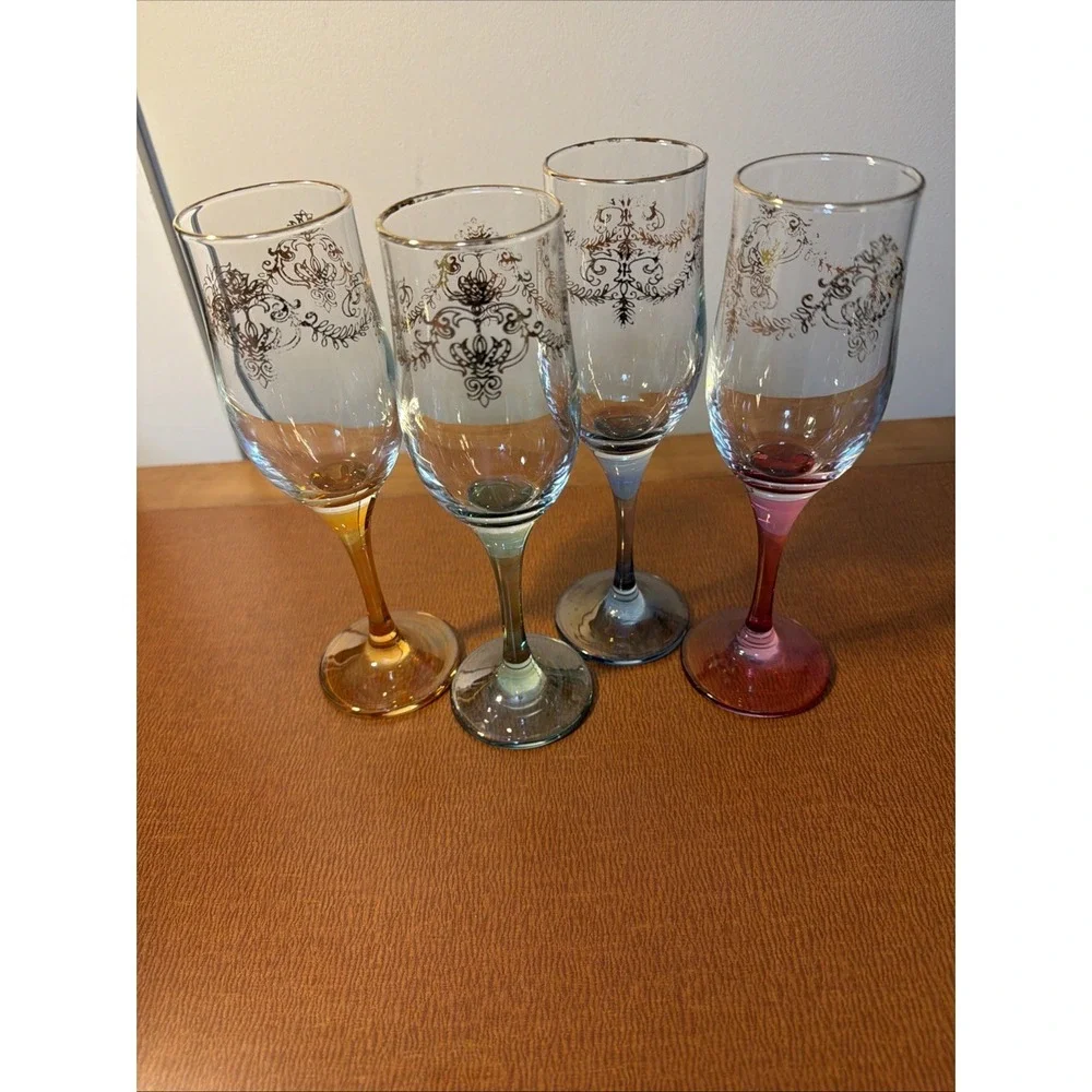 Vtg Champagne Toasting Flutes Colored Iridescent Stem Gold Trim Wedding Set Of 4